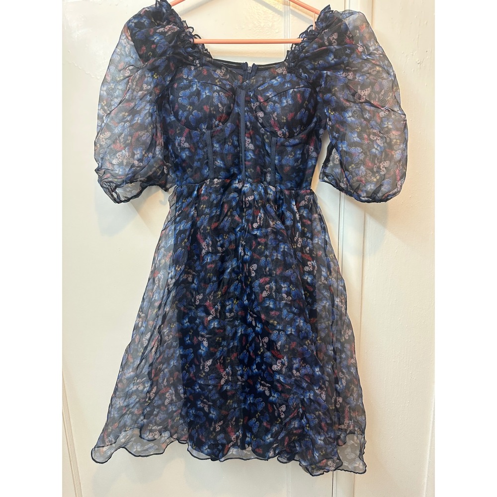 Miss Ord Butterfly Print Puff Sleeve Corset Mini Dress Navy Blue XS Fairycore